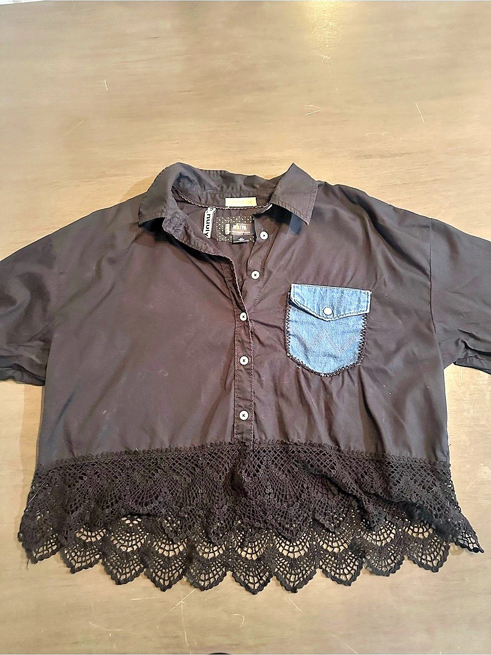 Maeve Black Lace Trim Button Down Top Size Small